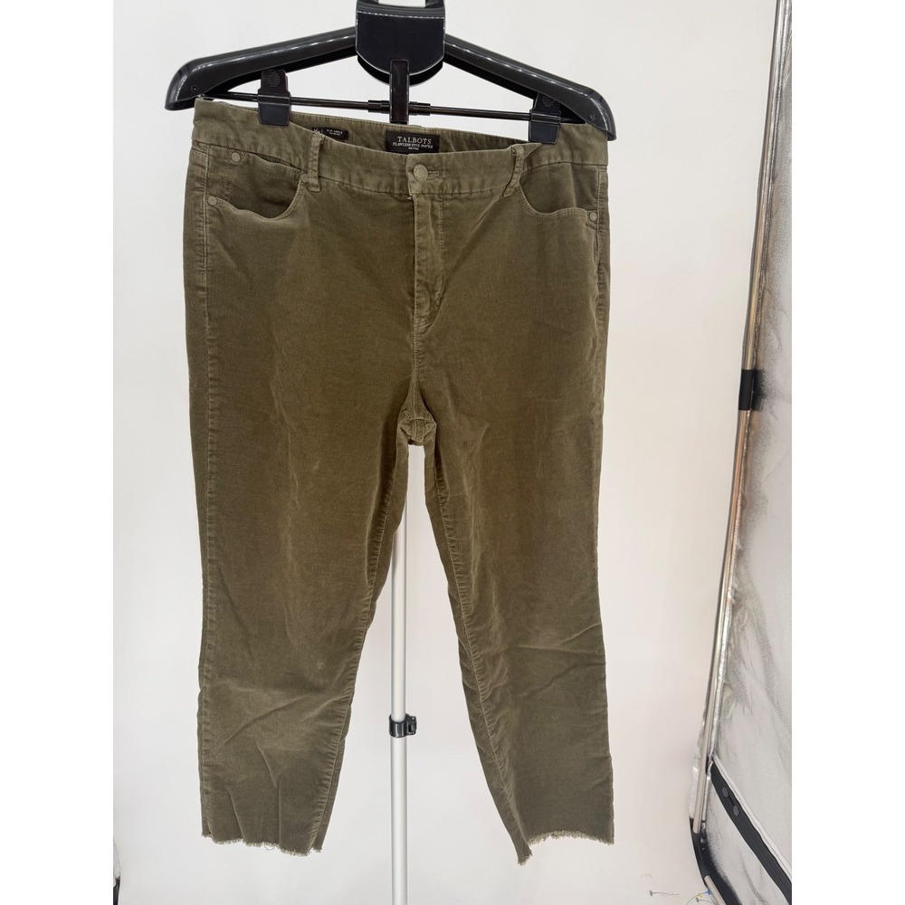 Talbots Corduroy Pants Women 16P Olive Green Good Slim Ankle Frayed Hem